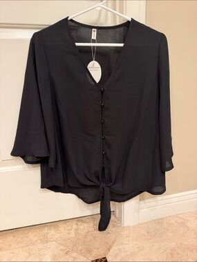 NWT Black Chiffon Tie Front Blouse Bell Sleeve Size Small